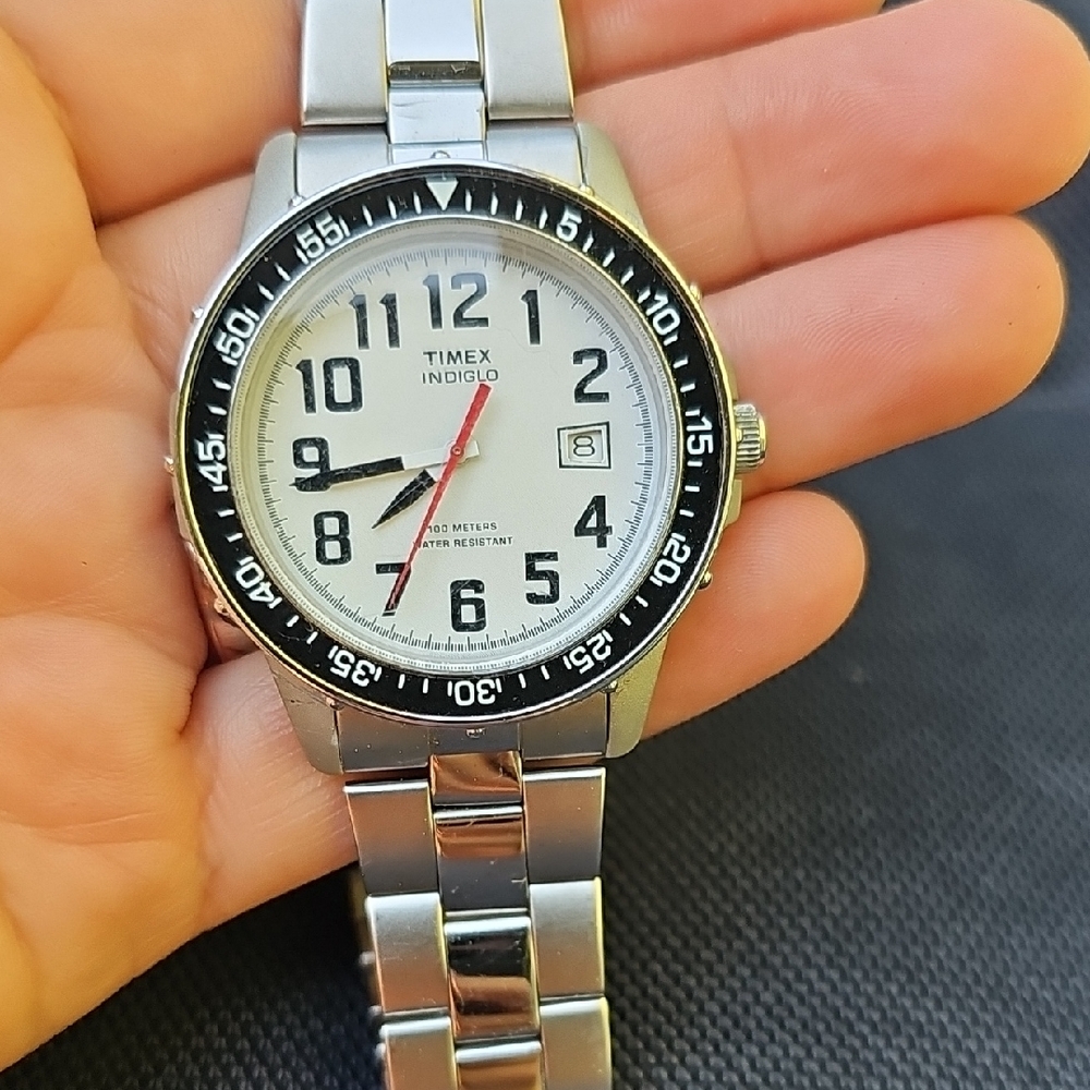 Timex Indiglo Silver Watch with Black Accents